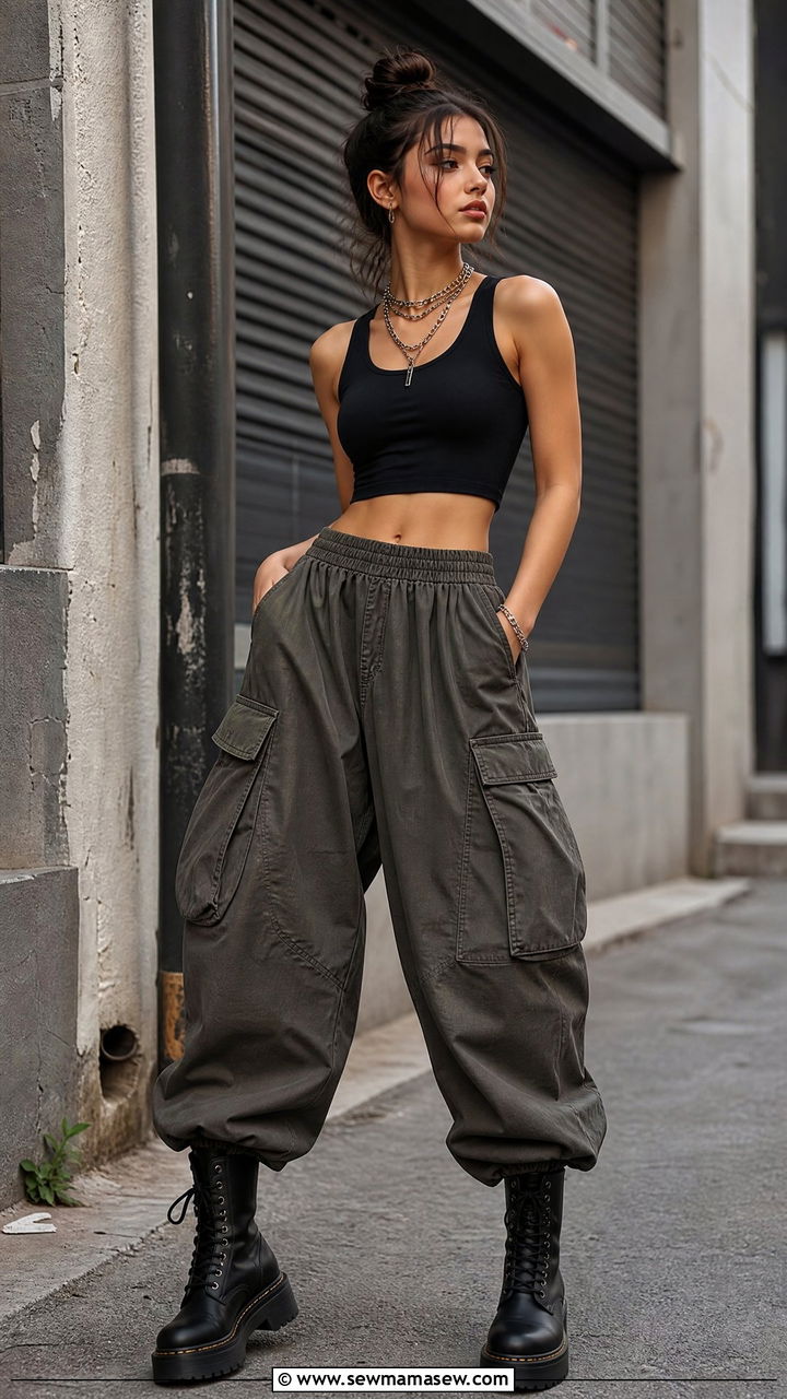 Cargo balloon pants with a crop top and combat boots - 25 how to style balloon pants outfits