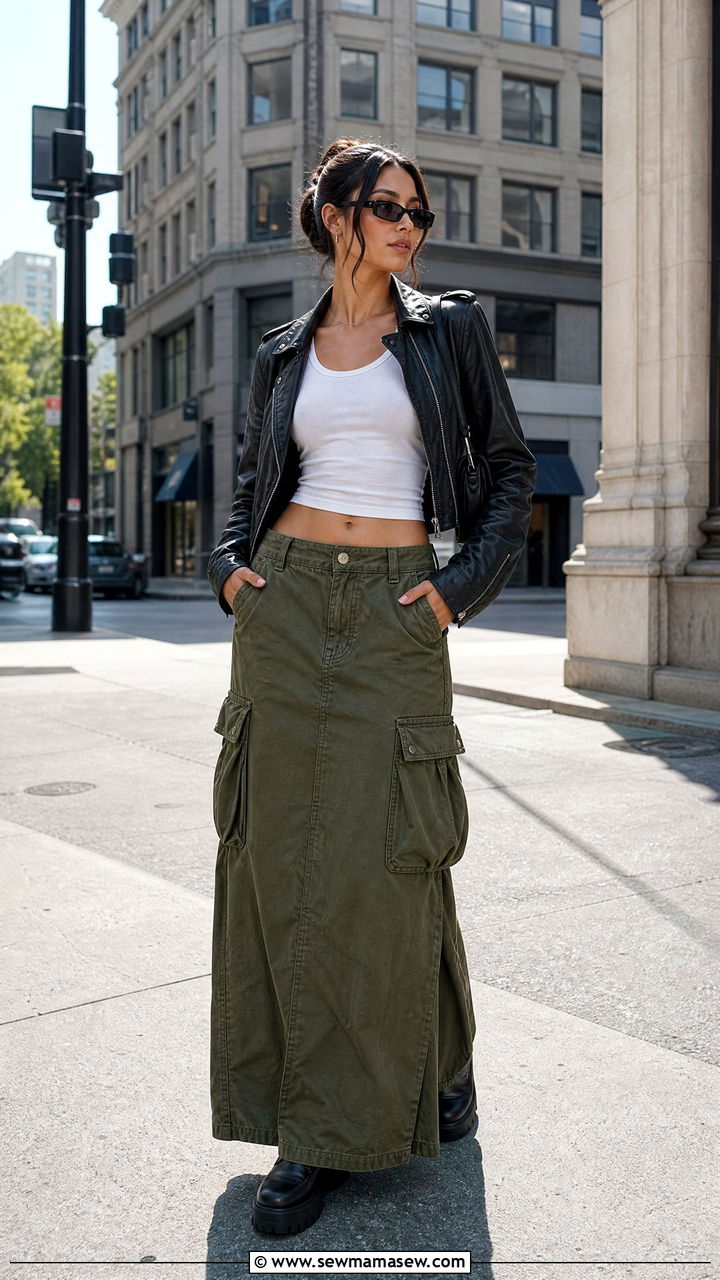 Cargo maxi skirt with cropped jacket - 25 chic maxi skirt outfit ideas
