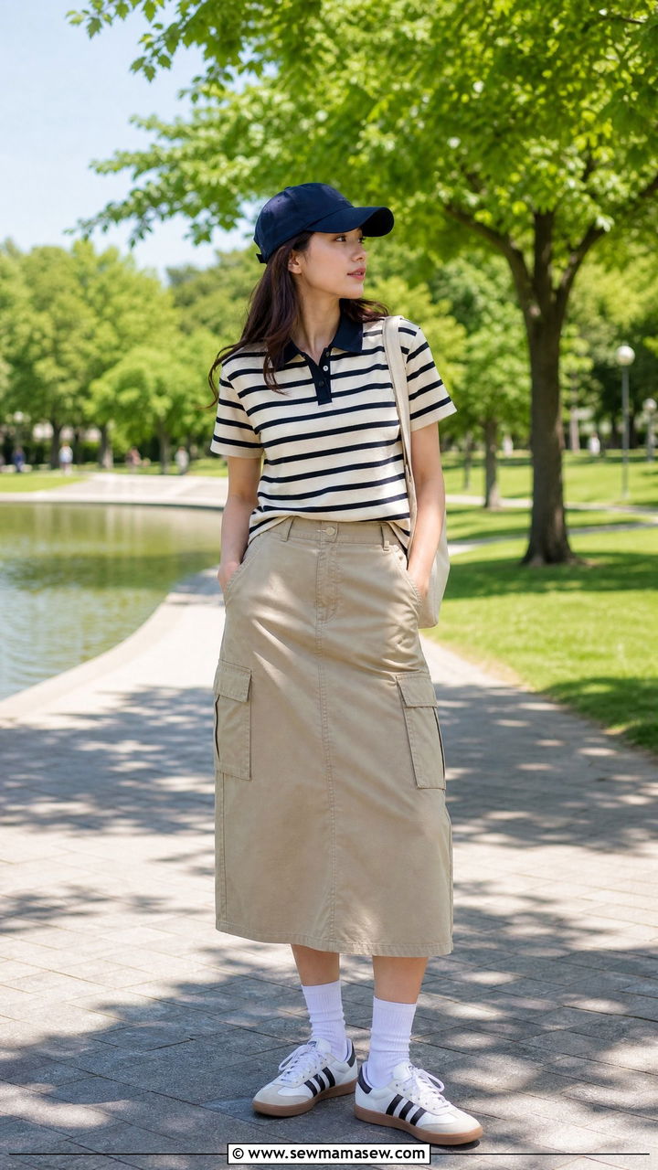 Cargo midi skirt with striped polo and baseball cap - 25 chic midi skirt outfit ideas