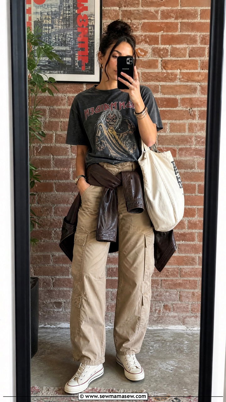 Cargo pants and band tee outfit for travel - 30 Cargo pants outfit ideas for travel