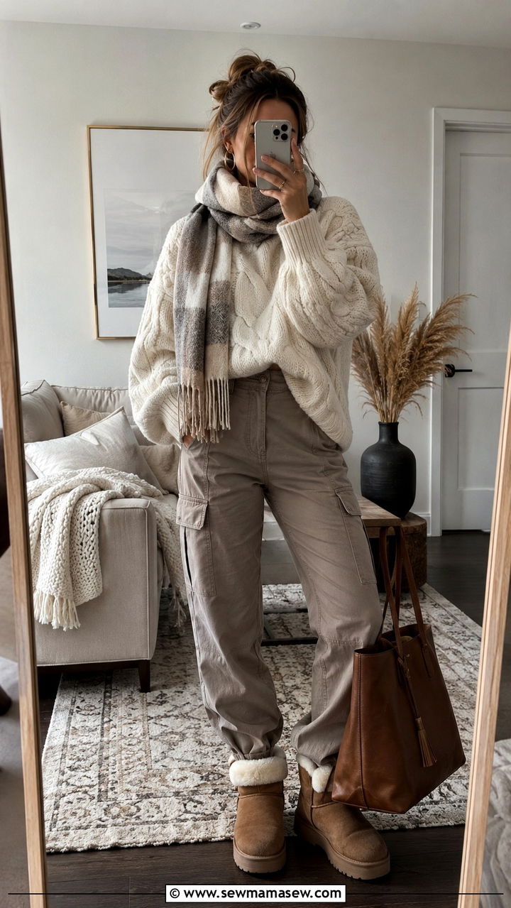Cargo pants and chunky knit sweater outfit for cozy travel - 30 Cargo pants outfit ideas for travel