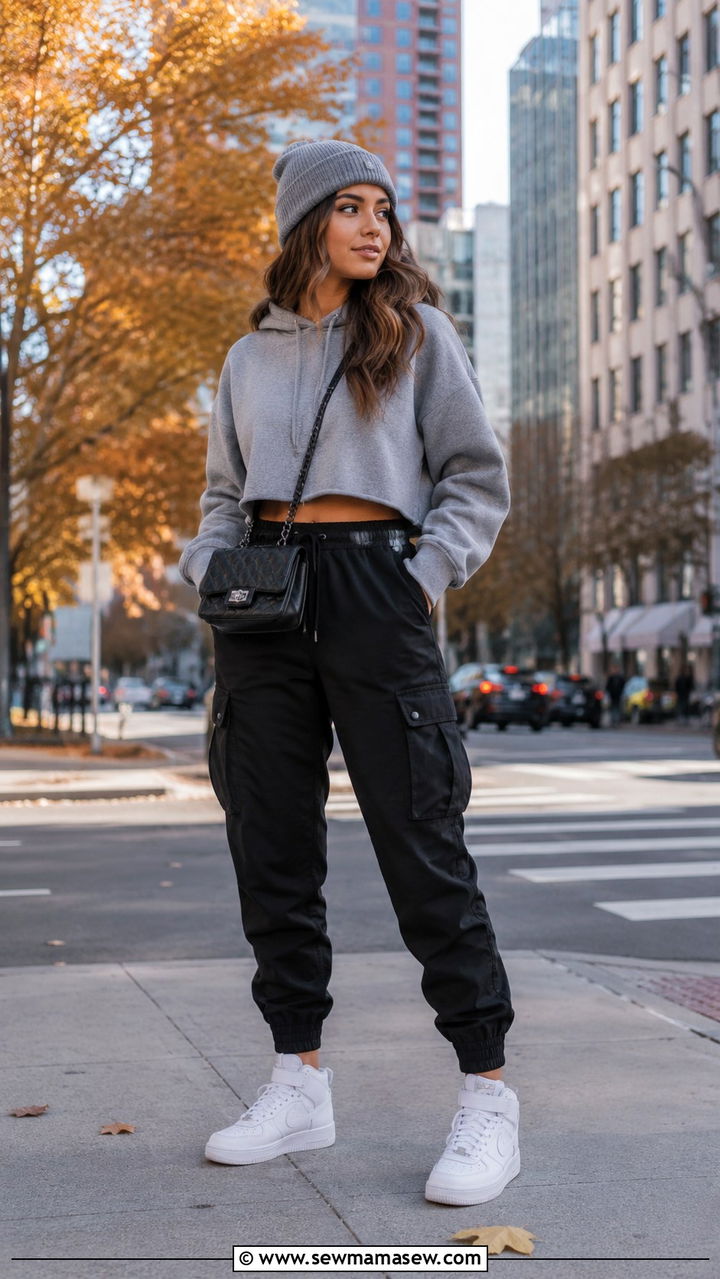 Cargo pants and cropped hoodie outfit for travel - 30 Cargo pants outfit ideas for travel