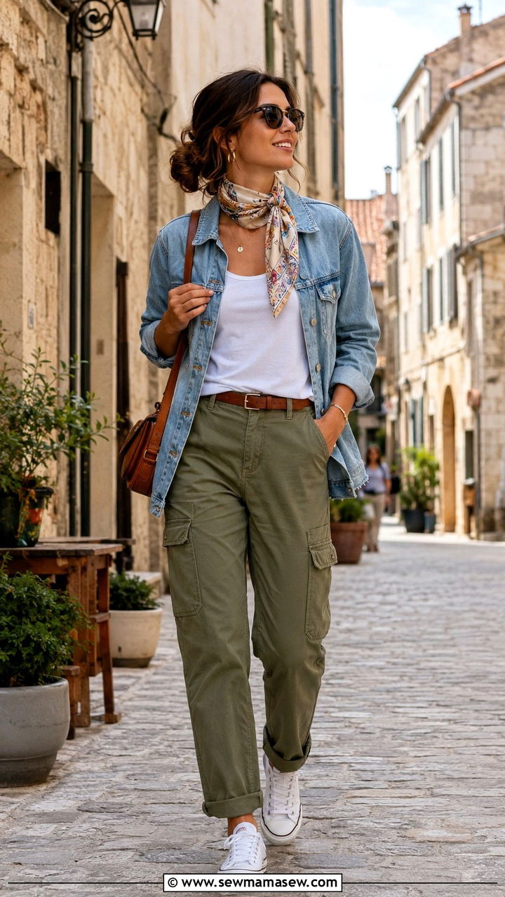 Cargo pants and denim jacket outfit for travel - 30 Cargo pants outfit ideas for travel
