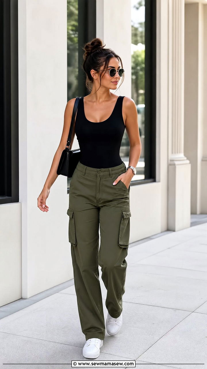 Cargo pants and fitted bodysuit outfit - 25 Pickup line outfit ideas for moms