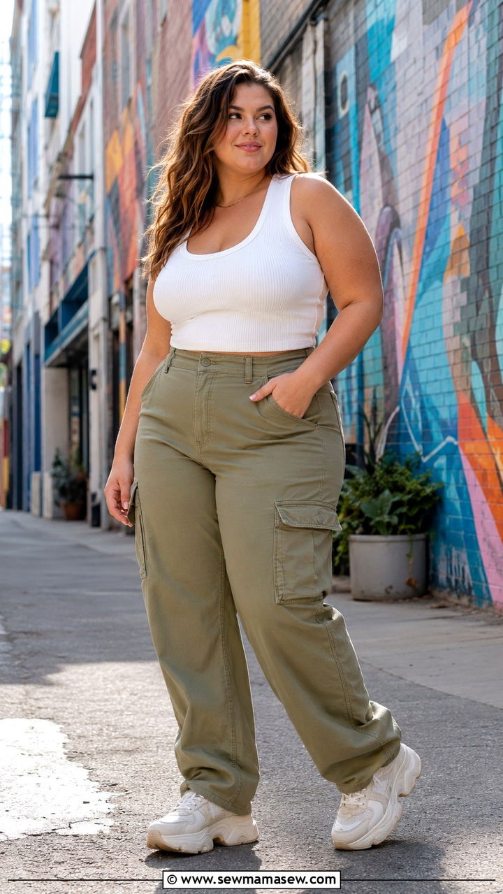 Cargo pants and fitted tank top outfit - 20 Plus size outfit ideas size 16