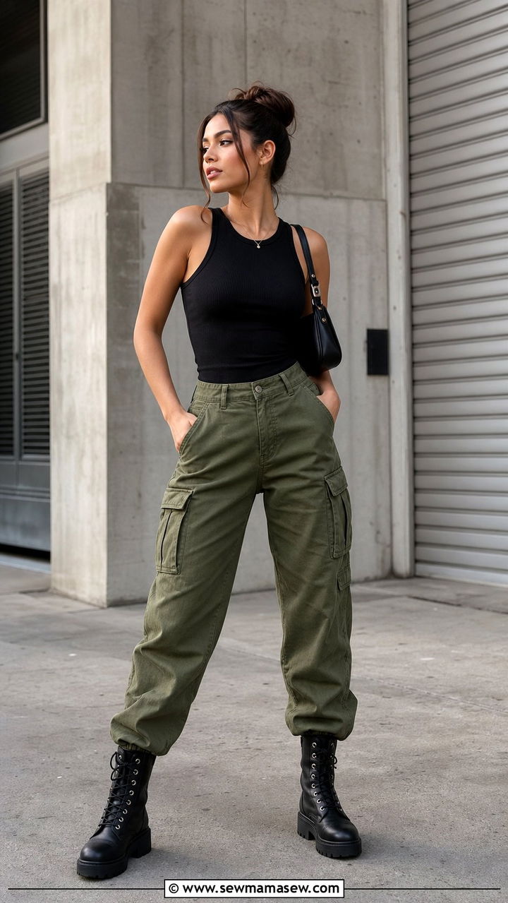 Cargo pants and fitted tank with combat boots - 25 Summer outfits with combat boots