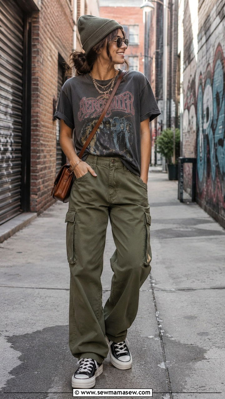 Cargo pants and graphic tee outfit for travel - 30 Cargo pants outfit ideas for travel