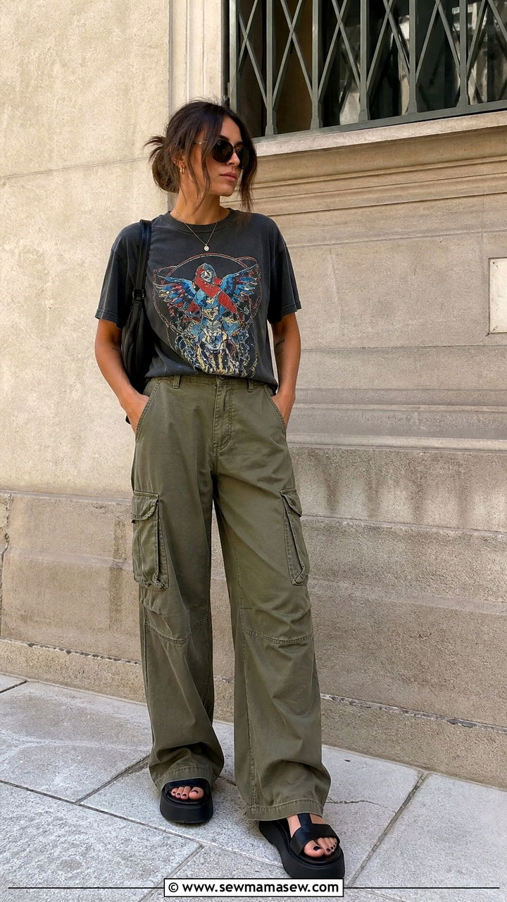 Cargo pants and graphic tee with platform sandals - 40 platform sandals outfit ideas