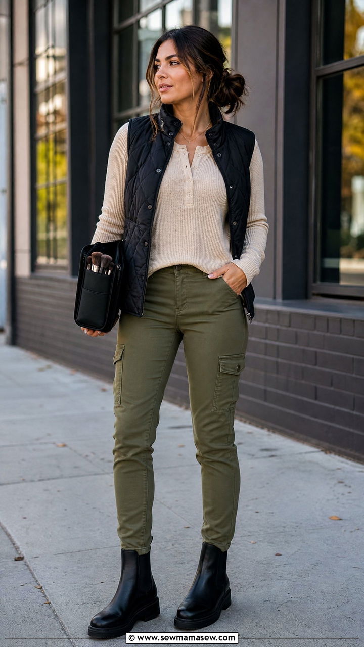 Cargo pants and henley top outfit for makeup artists - 30 Makeup artist outfit ideas