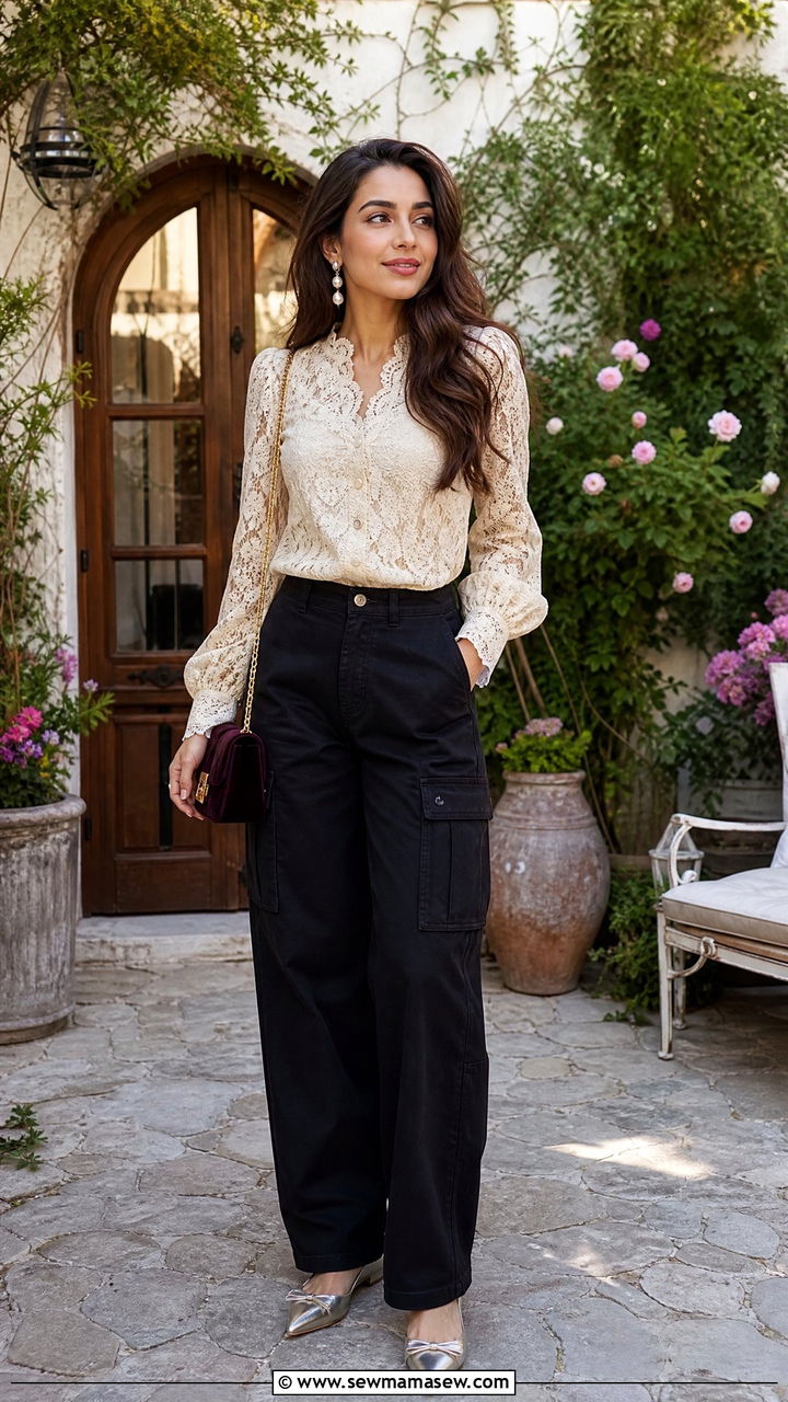 Cargo pants and lace top outfit for travel - 30 Cargo pants outfit ideas for travel