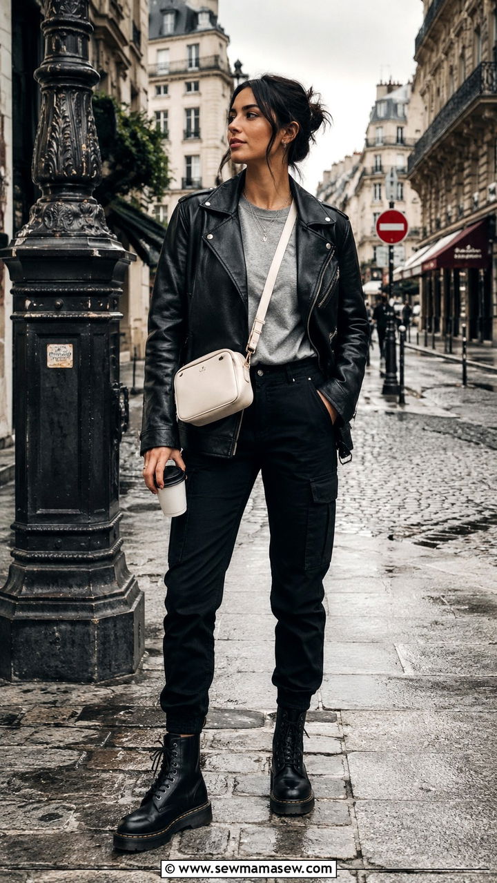 Cargo pants and leather jacket outfit for travel - 30 Cargo pants outfit ideas for travel