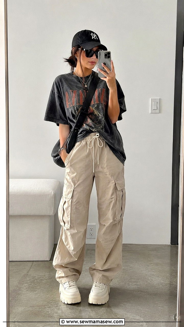 Cargo pants and oversized t shirt outfit for travel - 30 Cargo pants outfit ideas for travel