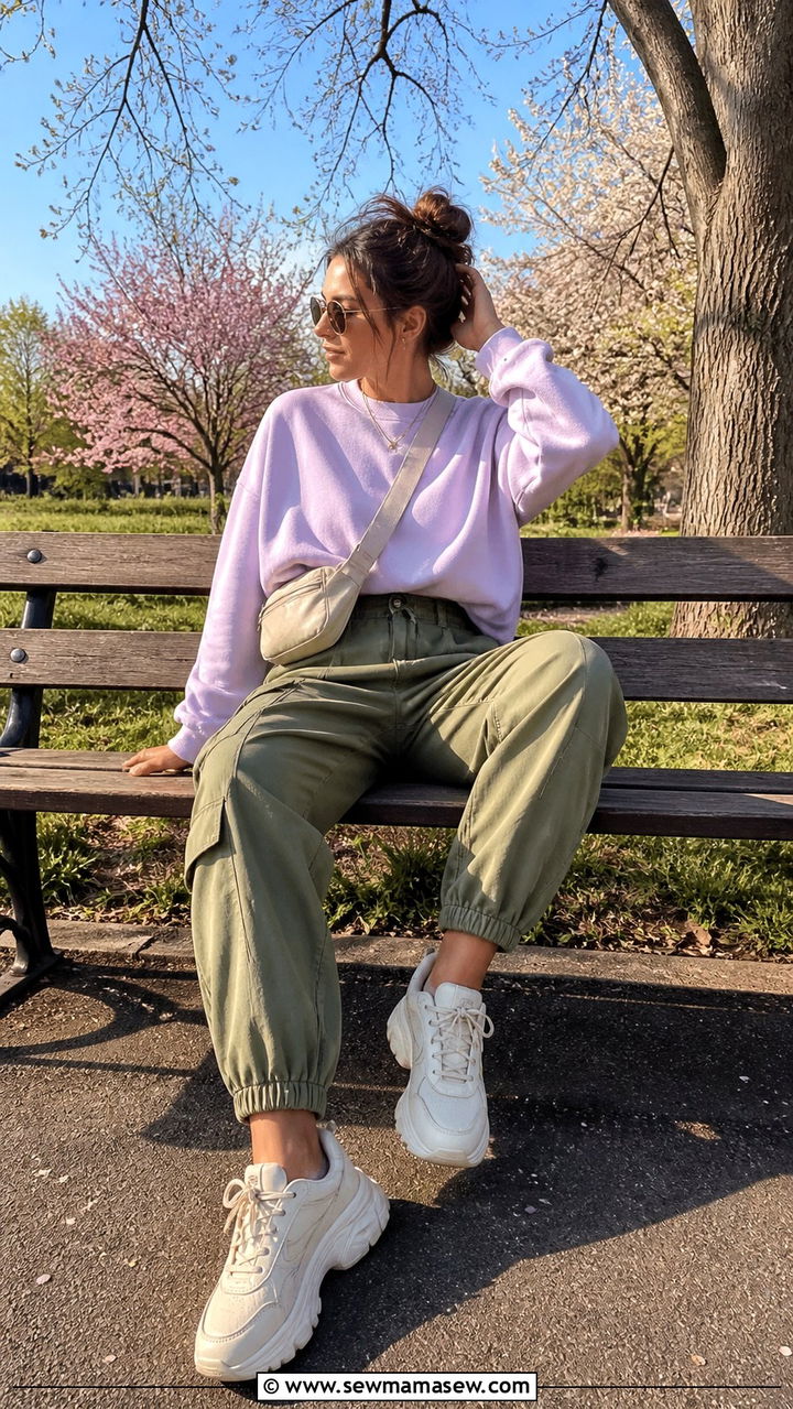 Cargo pants and pastel sweatshirt spring outfit - 40 Casual spring outfits