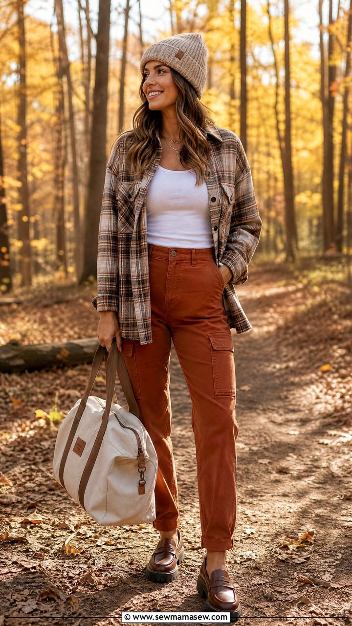 Cargo pants and shacket outfit for transitional travel - 30 Cargo pants outfit ideas for travel