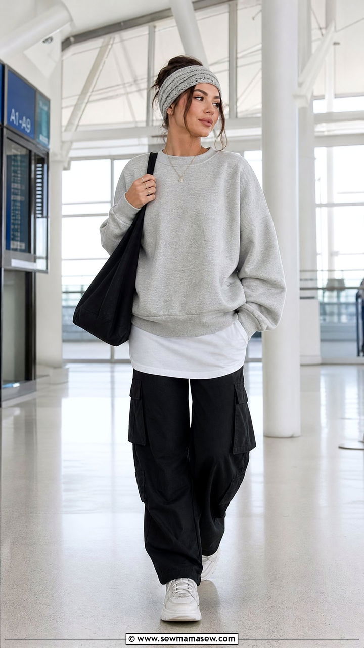 Cargo pants and sweatshirt dress layer outfit for travel - 30 Cargo pants outfit ideas for travel
