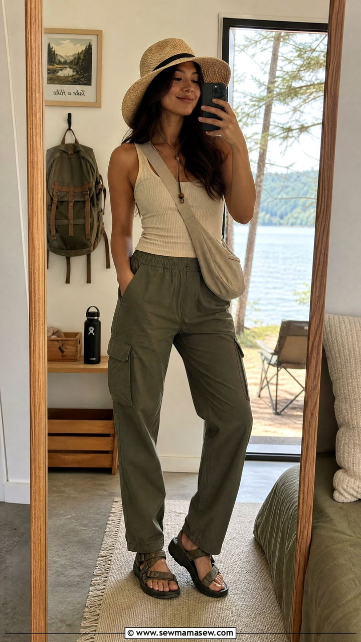 Cargo pants and tank top camping outfit - 25 Camping trip outfit ideas