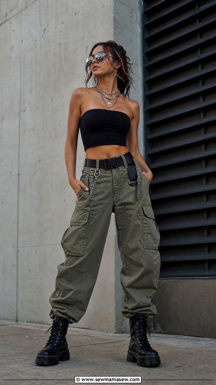 Cargo pants and tube top with combat boots - 35 Lollapalooza outfit ideas