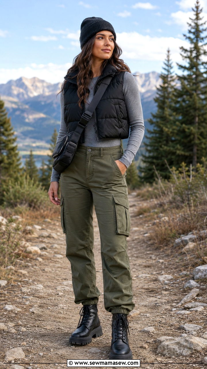 Cargo pants with a cropped puffer vest - 25 windy day outfits 2026