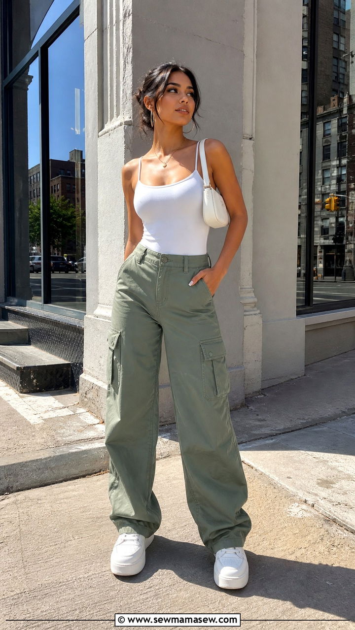 Cargo pants with a fitted bodysuit and platform sneakers - 40 What to wear in spring