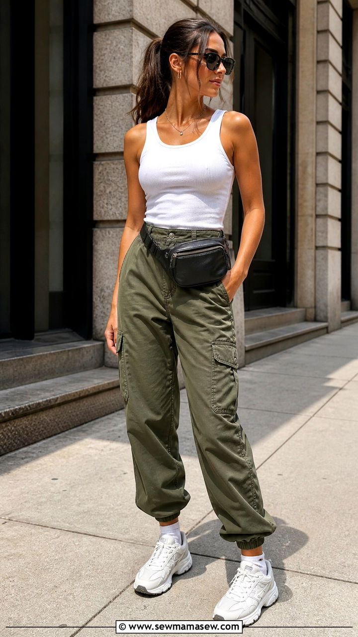 Cargo pants with a fitted ribbed tank and chunky sneakers - 40 spring casual outfit ideas