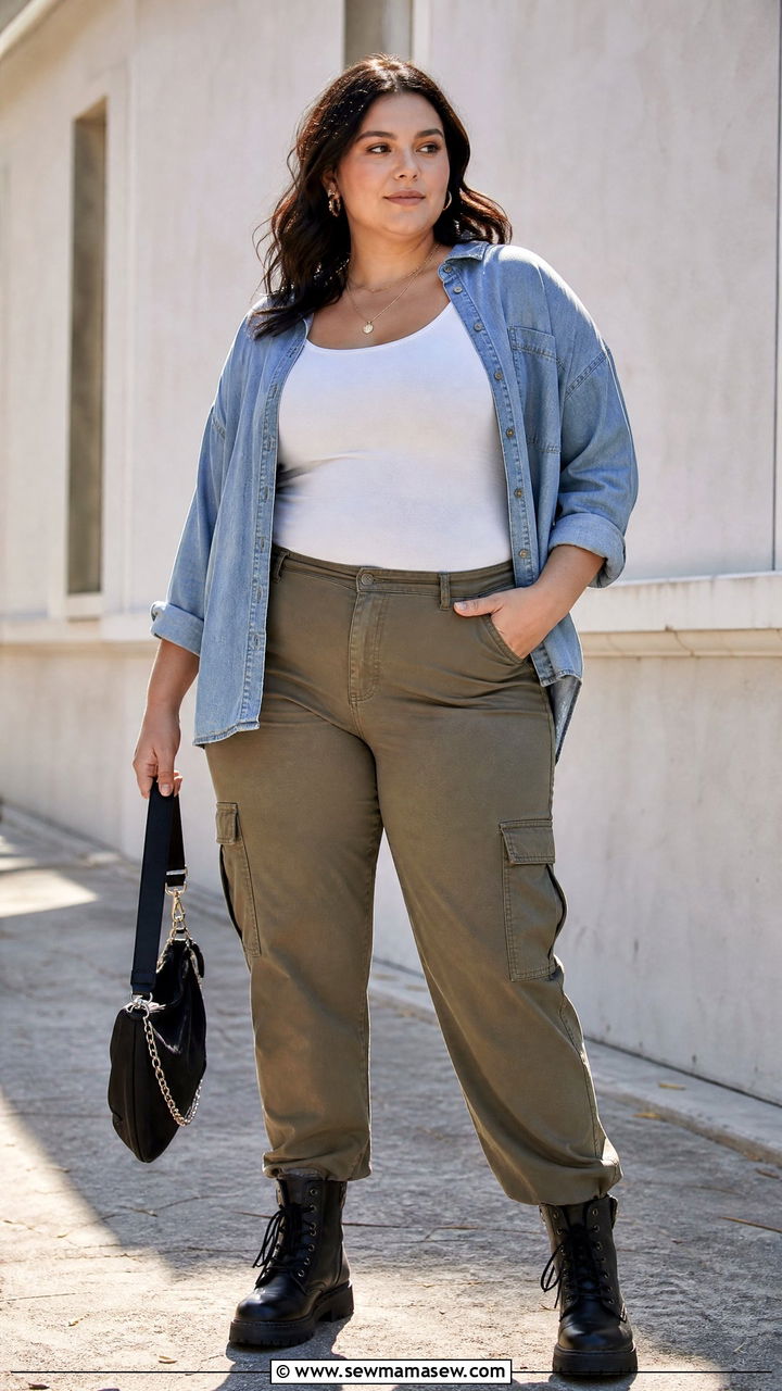 Cargo pants with a fitted tank and an open oversized shirt - 25 casual outfits for apple shaped body