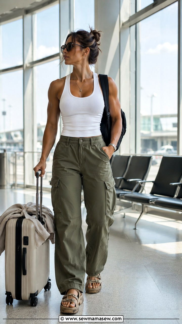 Cargo pants with a fitted tank and sporty sandals - 25 Outfit ideas for muscular women