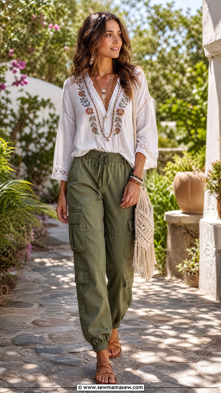 Cargo pants with boho blouse and flat sandals - 30 Summer outfits with cargo pants