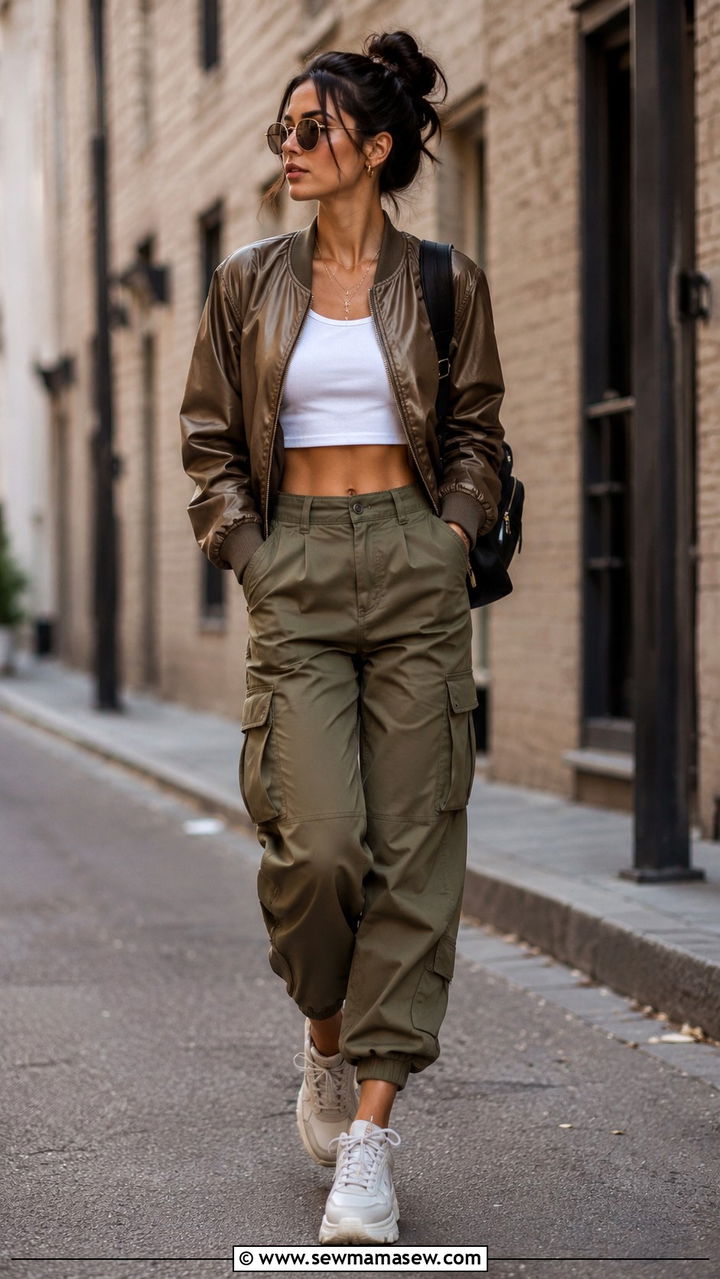 Cargo pants with crop top and bomber jacket - 25 Trendy spring outfit ideas 2026
