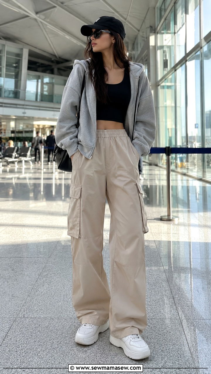 Cargo pants with crop top and zip hoodie - 30 casual airport outfits