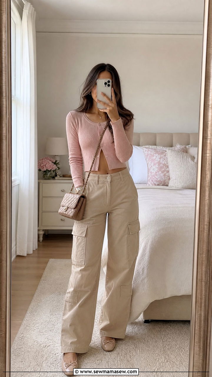 Cargo pants with cropped cardigan and ballet flats - 25 chic cargo pants outfit ideas