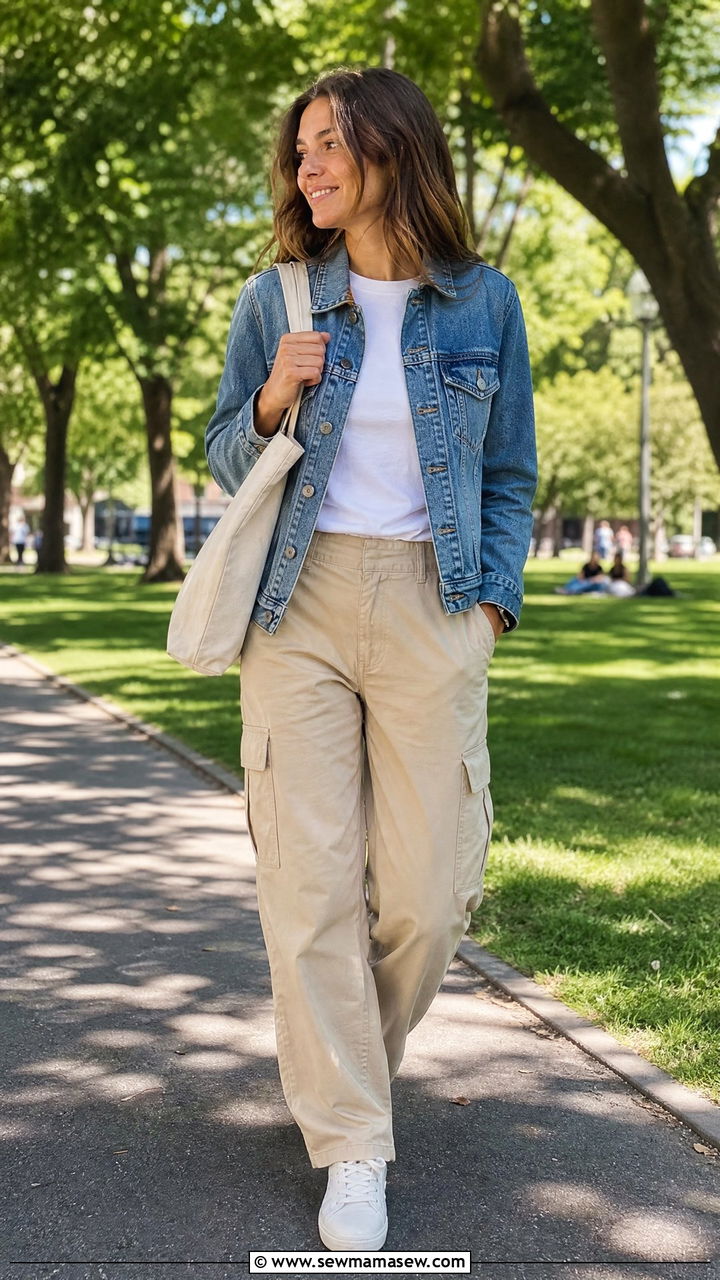 Cargo pants with denim jacket and sneakers - 25 chic cargo pants outfit ideas