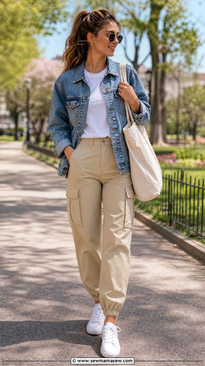 Cargo pants with denim jacket and white sneakers - 30 Summer outfits with cargo pants