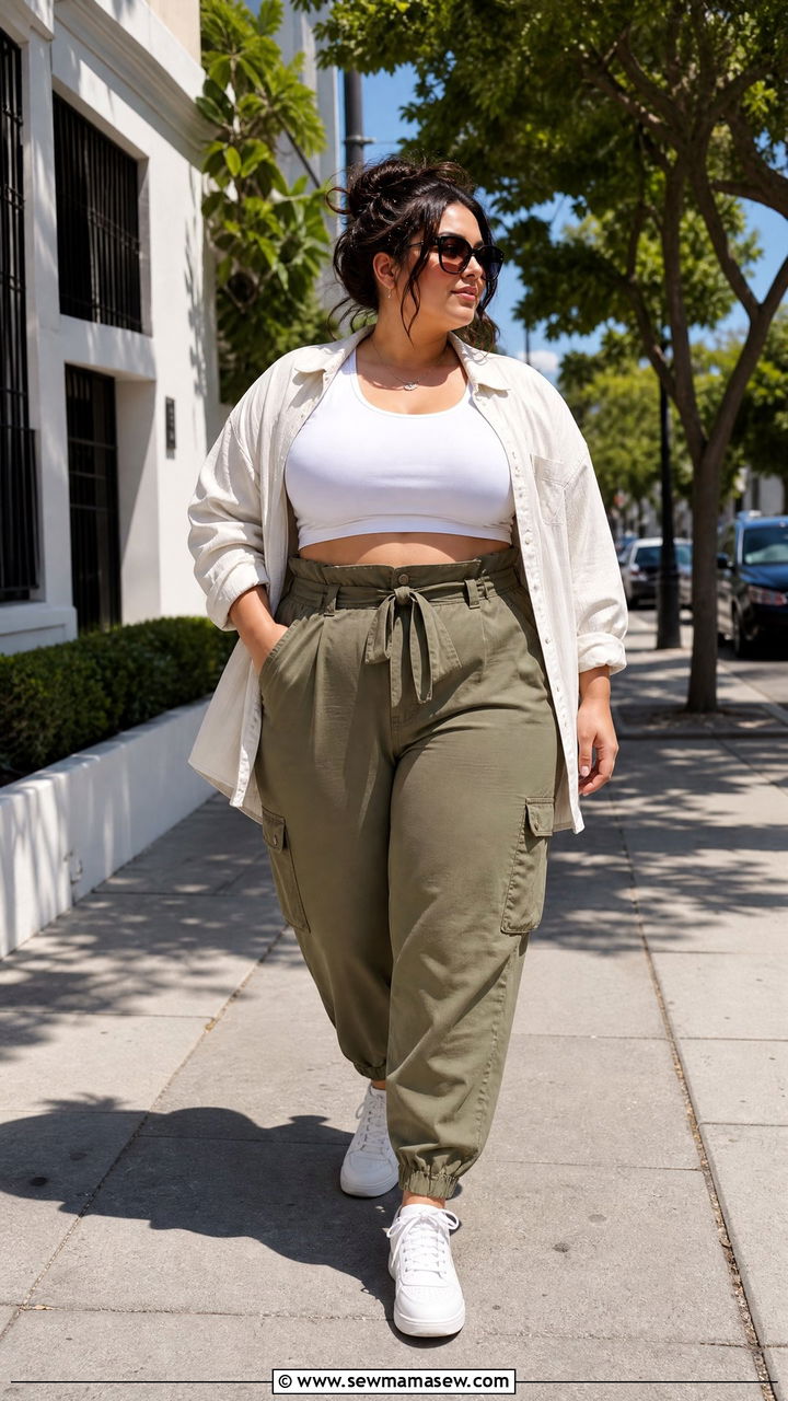 Cargo pants with fitted crop top and sneakers - 30 Plus size outfit ideas spring 2026