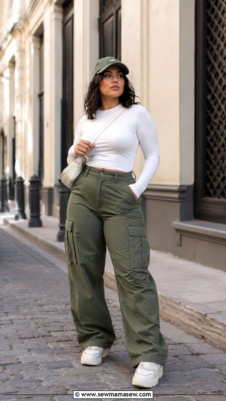 Cargo pants with fitted long sleeve tee - 30 Petite plus size outfit ideas
