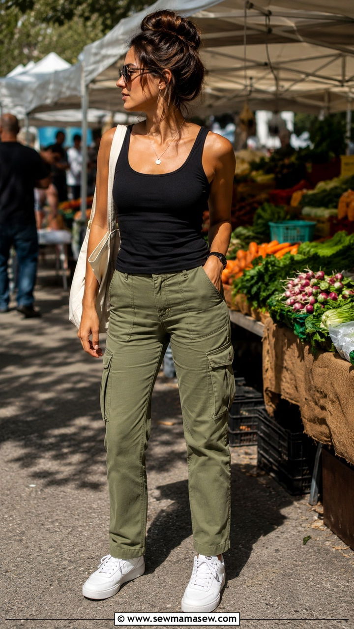 Cargo pants with fitted tank and trainers - 30 Outfit ideas for athletic build
