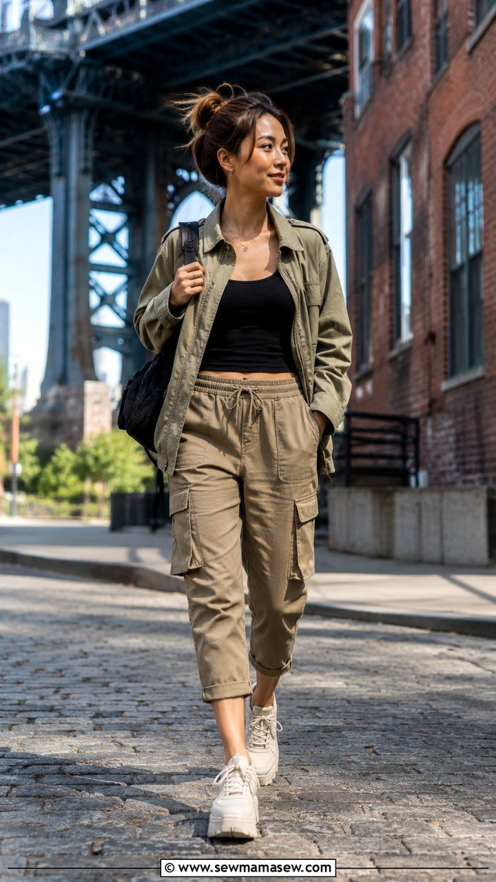 Cargo pants with fitted tank and utility jacket - 30 Travel outfit ideas petite women