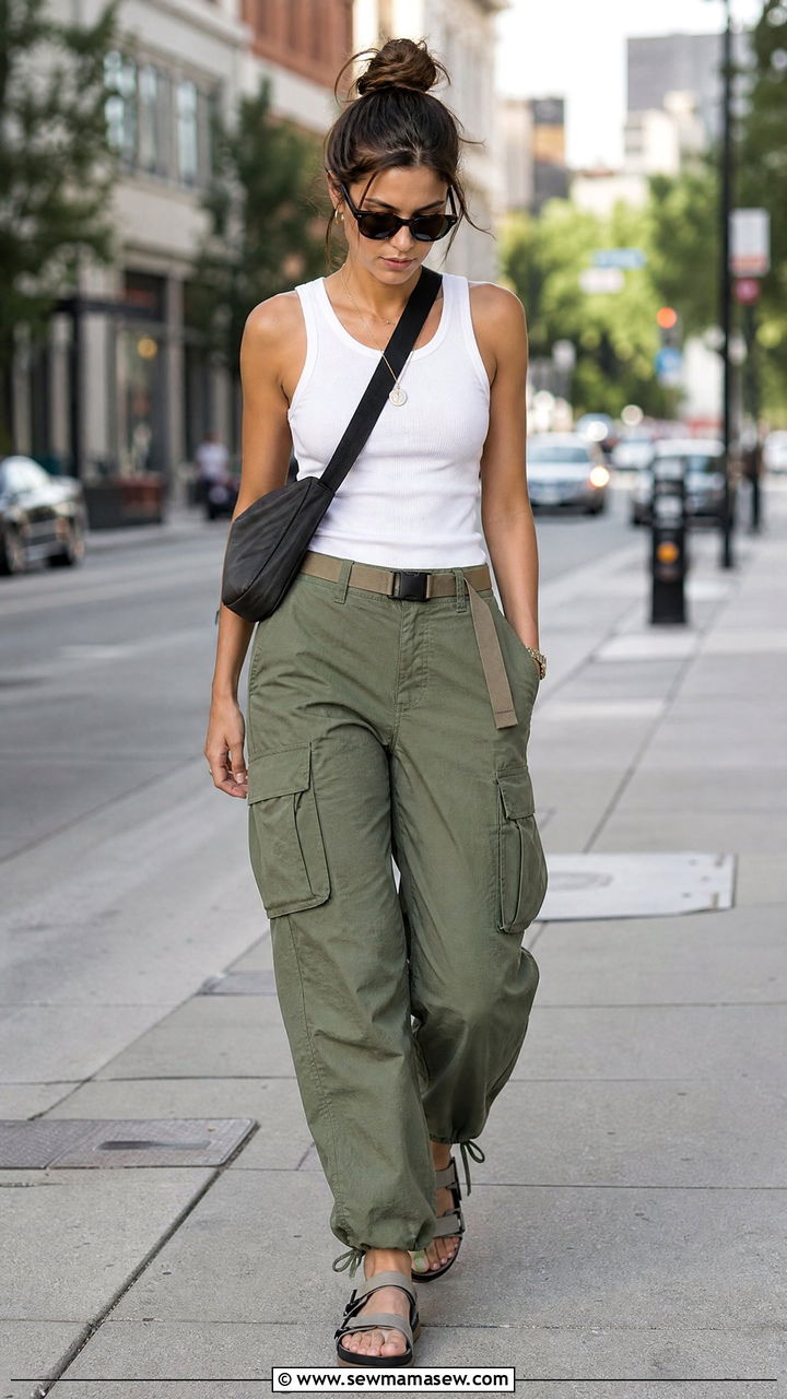 Cargo pants with fitted tank top and sporty sandals - 35 hot weather outfits trends