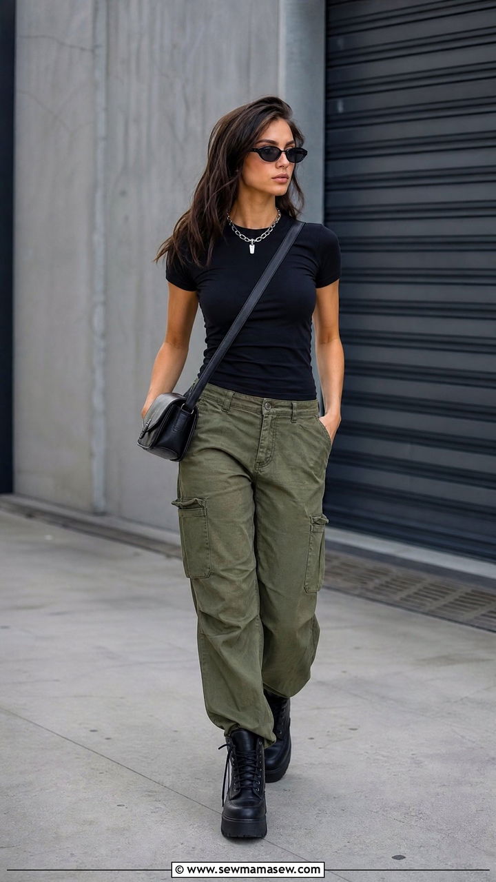 Cargo pants with fitted tee outfit - 35 Model off duty outfit ideas