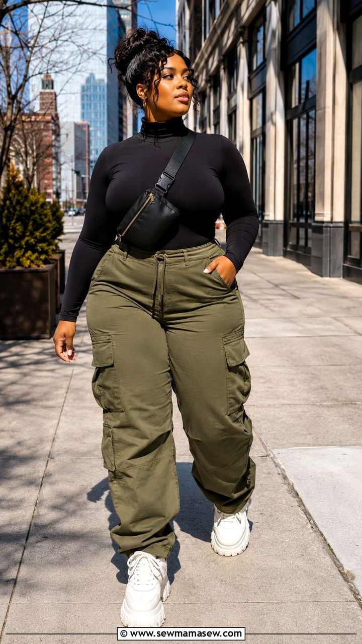 Cargo pants with fitted turtleneck - 25 Outfit ideas for thick thighs