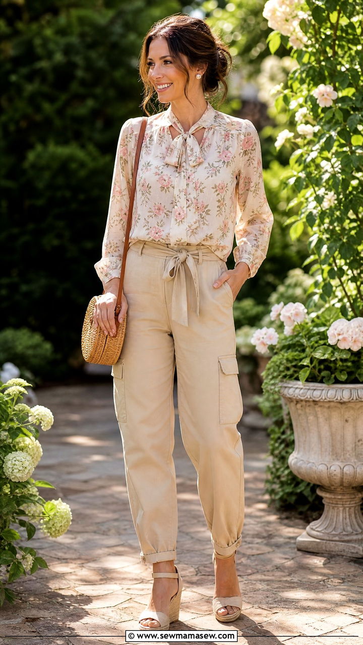 Cargo pants with floral blouse and wedge sandals - 30 Summer outfits with cargo pants