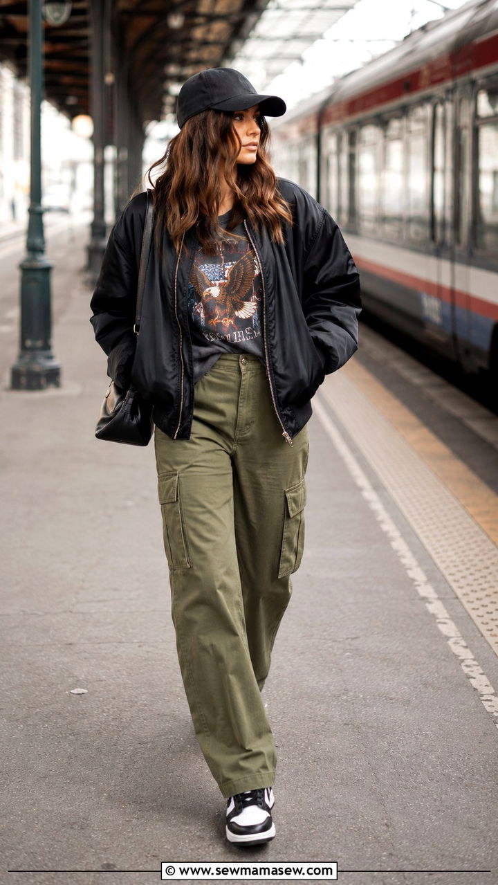 Cargo pants with graphic tee and bomber jacket for street style travel - 25 travel outfits inspo