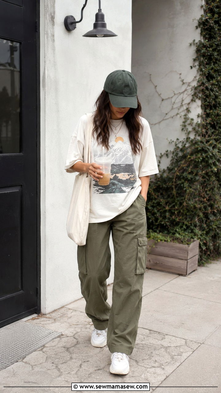 Cargo pants with graphic tee and chunky sneakers - 30 spring running errands outfit ideas