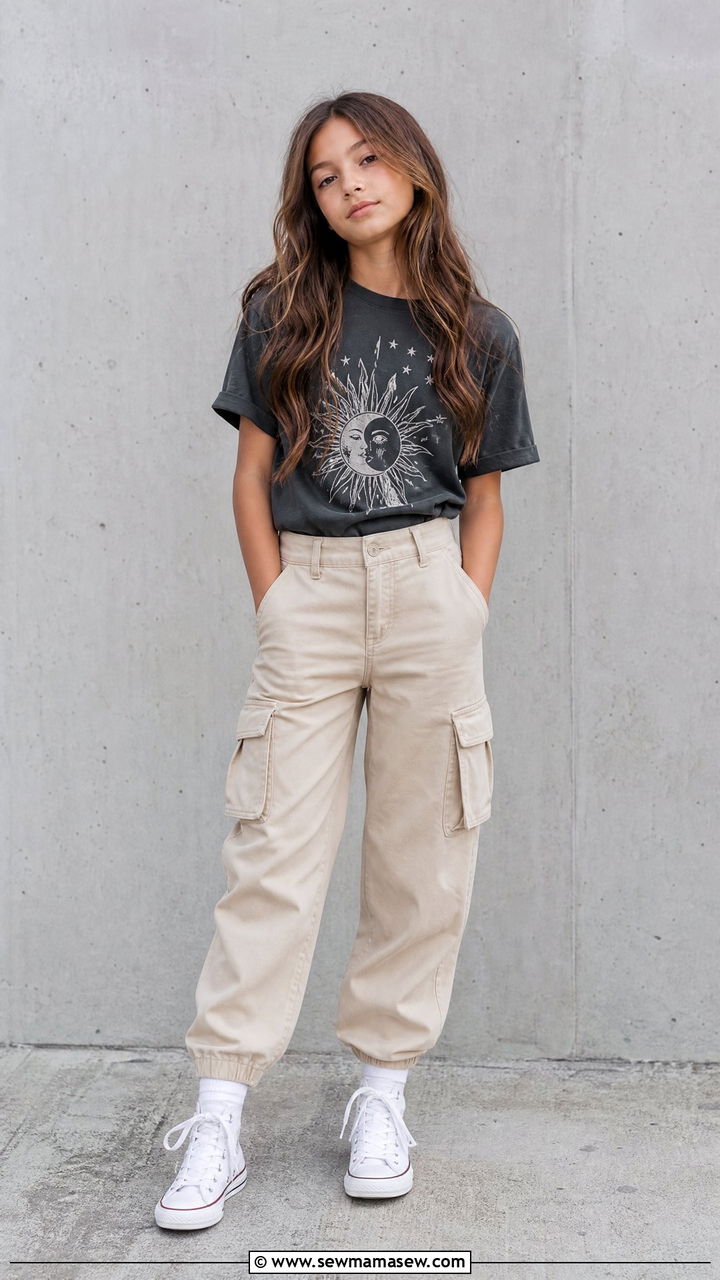 Cargo pants with graphic tee and high top sneakers - 25 Tween outfit ideas for 12 year olds