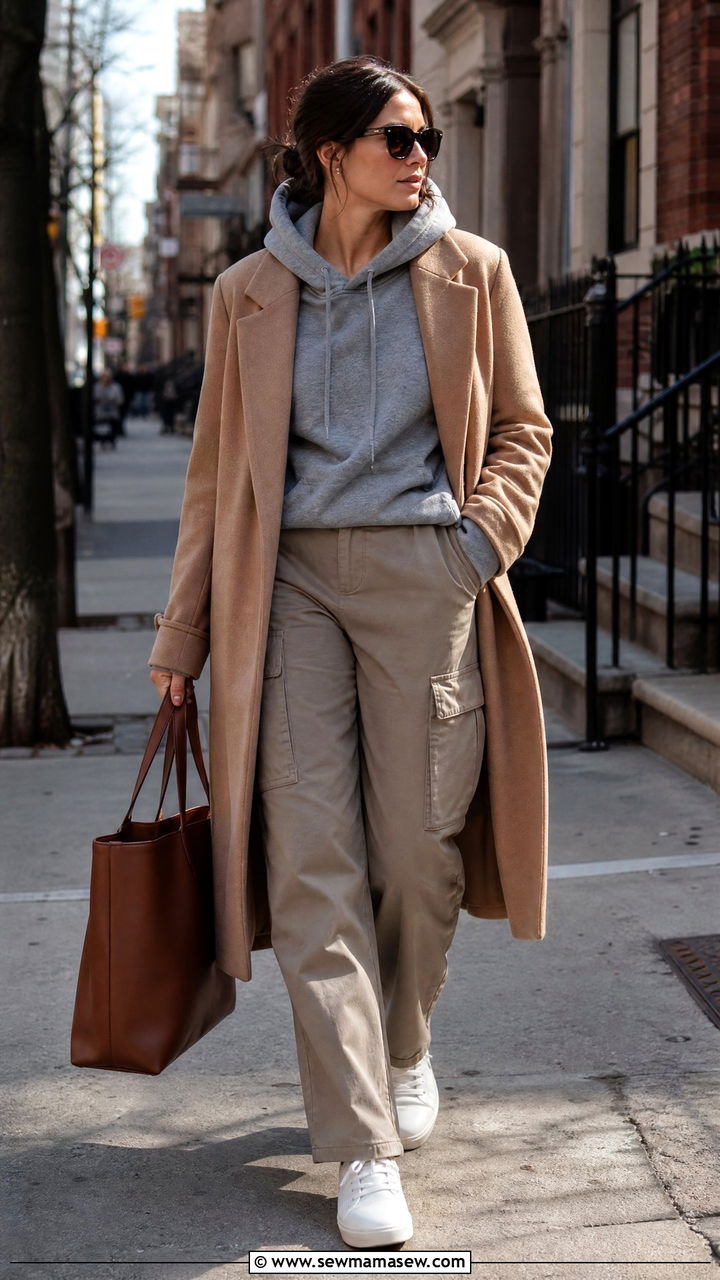 Cargo pants with hoodie and long coat layered - 25 chic cargo pants outfit ideas