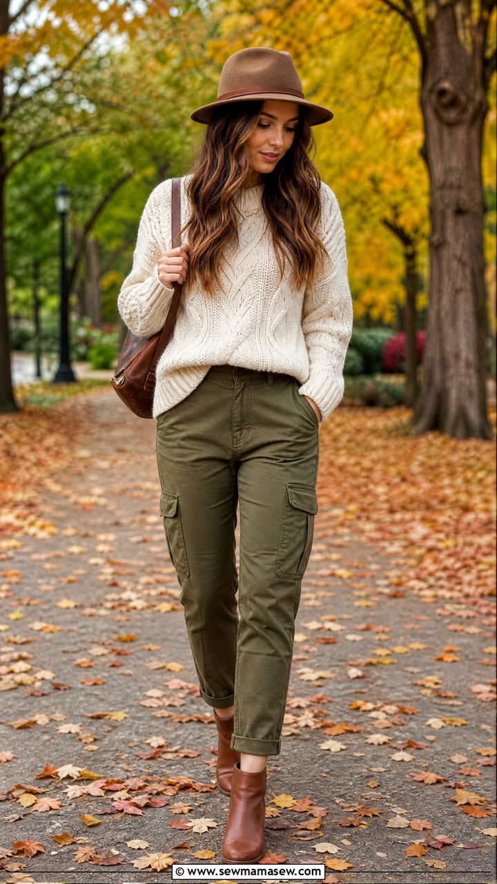 Cargo pants with knit sweater and ankle boots - 25 chic cargo pants outfit ideas
