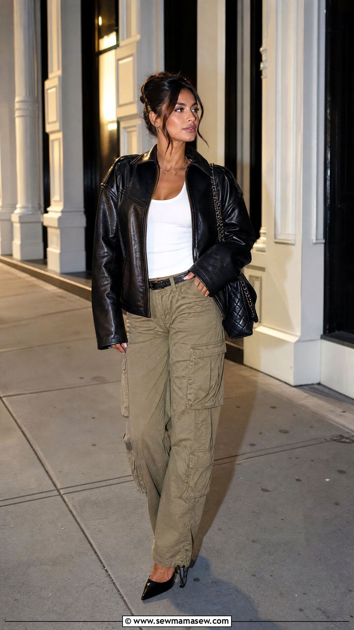 Cargo pants with leather jacket and pointed heels - 30 Summer outfits with cargo pants