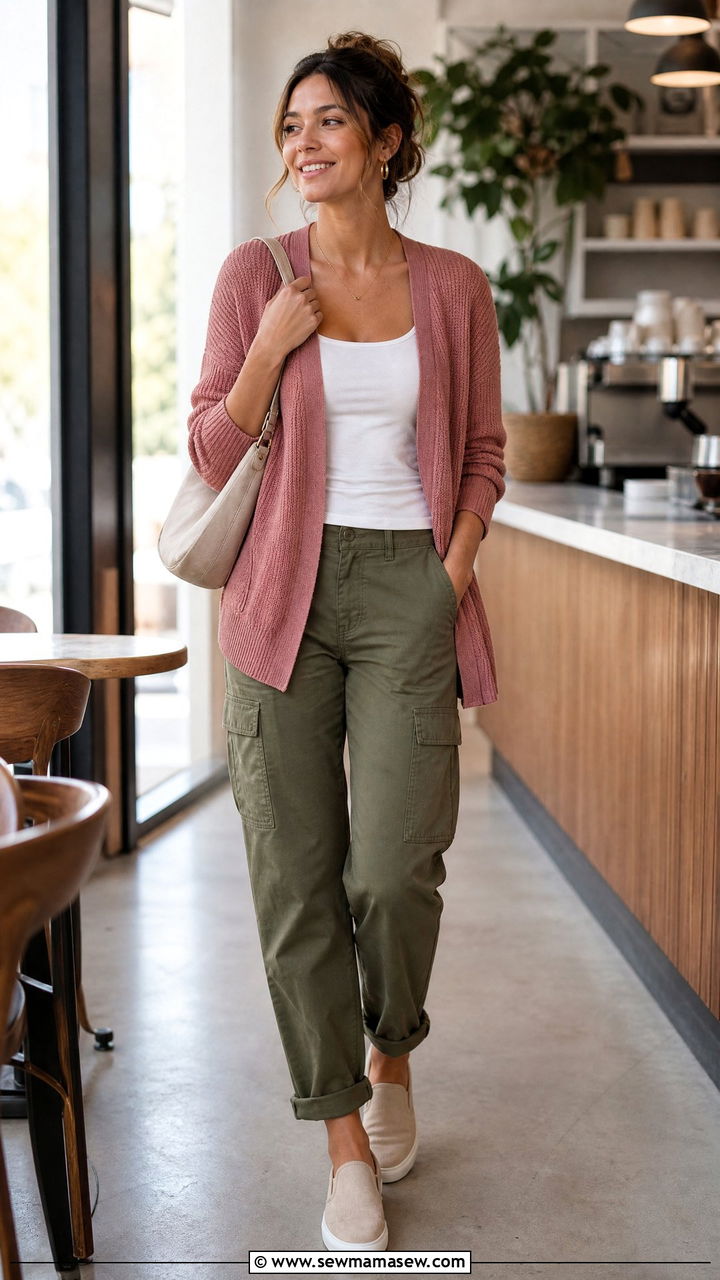 Cargo pants with lightweight cardigan and slip ons - 30 Summer outfits with cargo pants