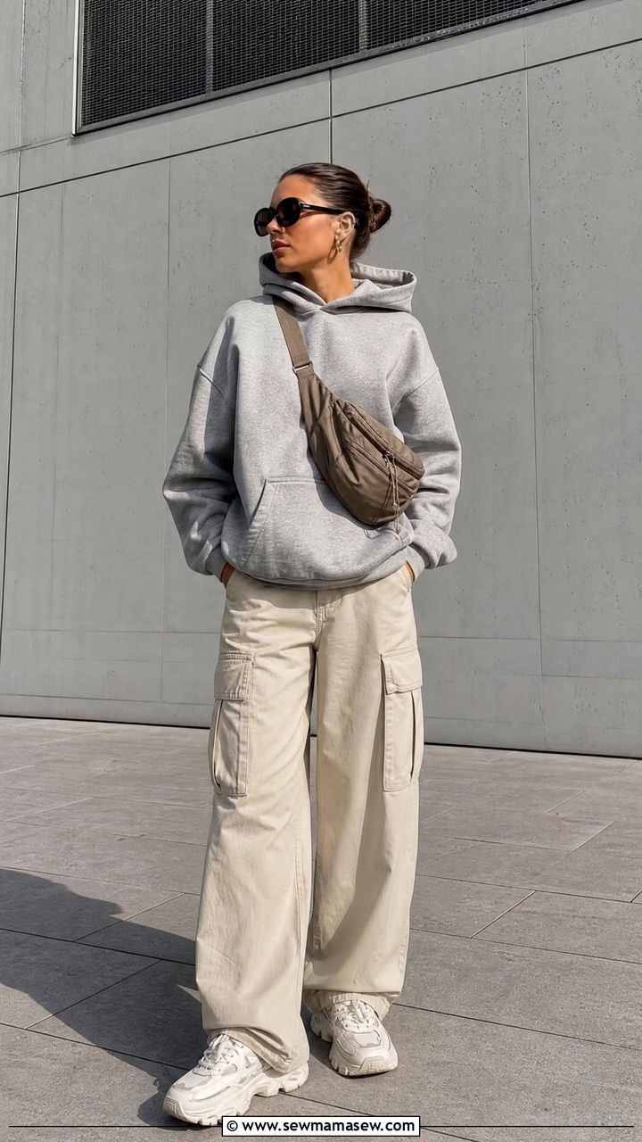 Cargo pants with oversized hoodie and dad sneakers - 25 chic cargo pants outfit ideas