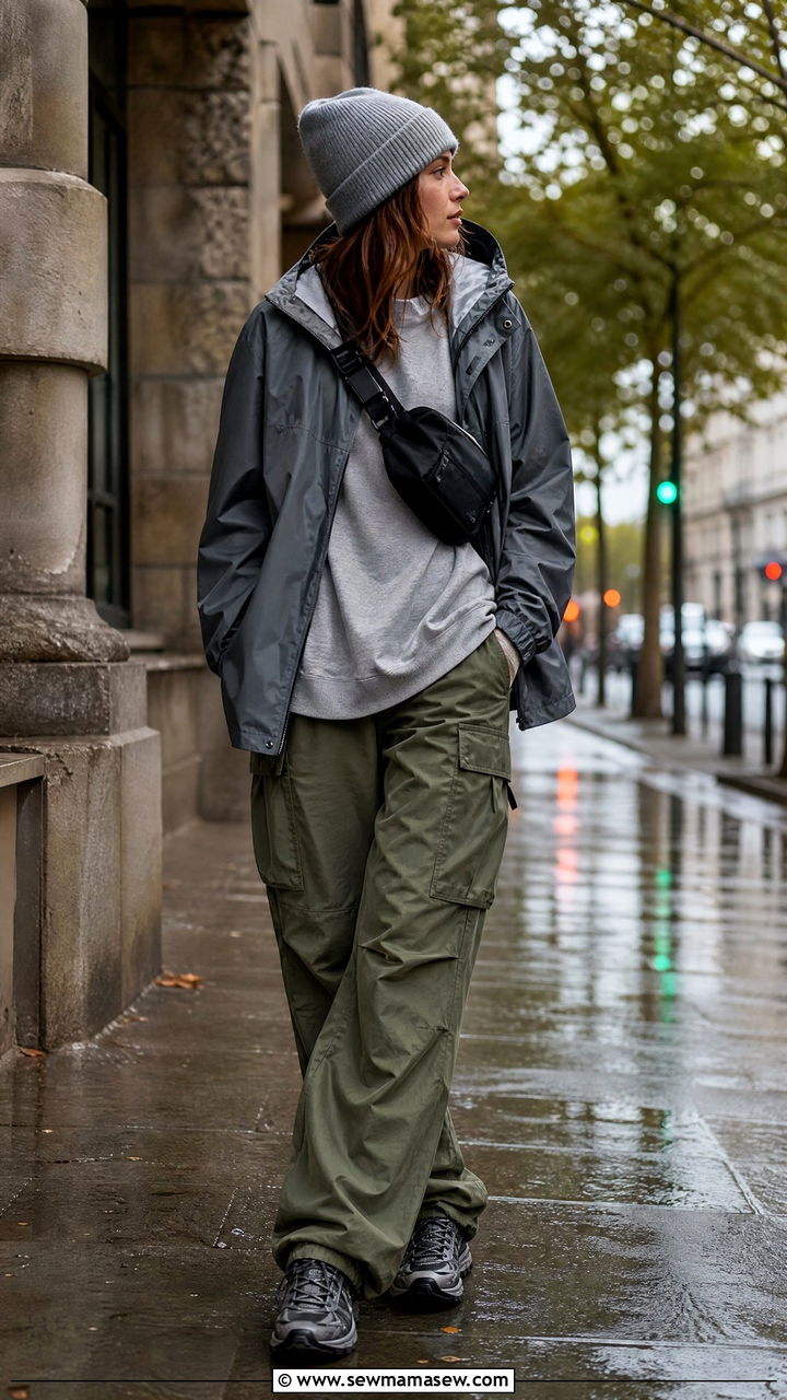 Cargo pants with oversized sweatshirt and chunky sneakers - 30 Cozy rainy day outfit ideas