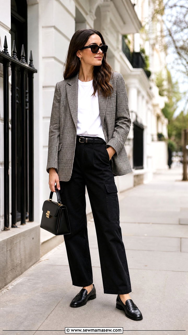 Cargo pants with plaid blazer and loafers - 25 chic cargo pants outfit ideas